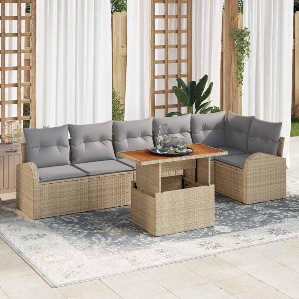 ARDEBO.de - 7-teiliges Garten Essset mit Kissen Beige Poly Rattan Akazie