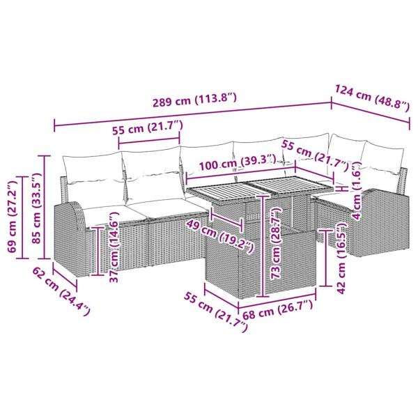 7-teiliges Garten Essset mit Kissen Beige Poly Rattan Akazie