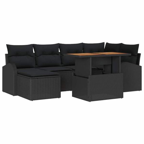 7-teiliges Garten Essset mit Kissen Schwarz Poly Rattan Akazie