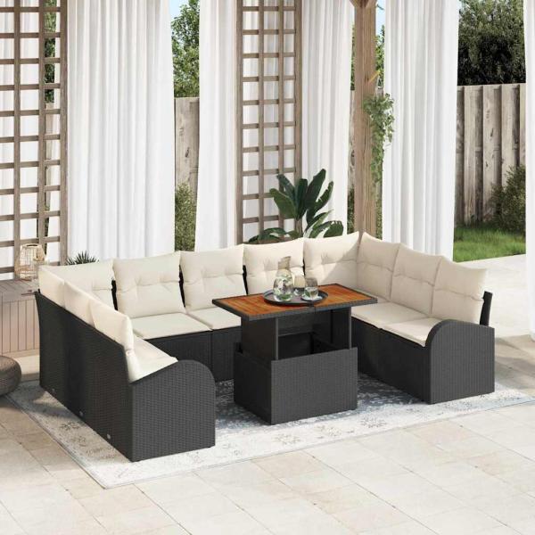 ARDEBO.de - 10-teiliges Gartentischset mit Kissen Schwarz Poly Rattan Akazie