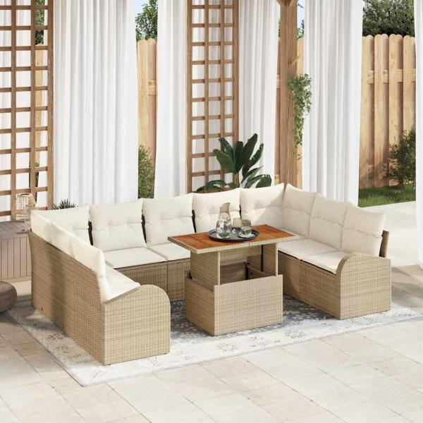 ARDEBO.de - 10-teiliges Garten Essset mit Kissen beige Poly Rattan Akazie