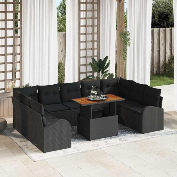 ARDEBO.de - 10-teilige Garten Essgruppe mit Kissen Schwarz Poly Rattan Akazie