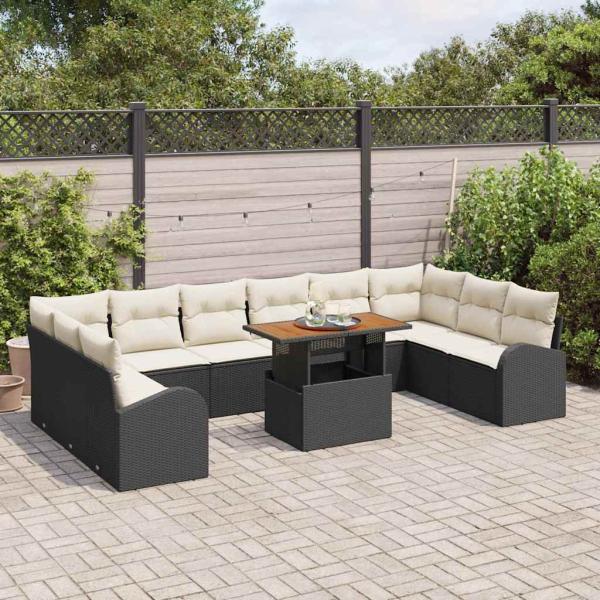 11-teiliges Garten Esstisch Set mit Kissen Schwarz Poly Rattan Akazie