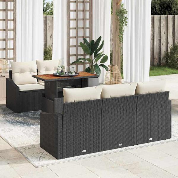 ARDEBO.de - 6-teiliges Garten-Essen Set mit Kissen Schwarz Poly Rattan Akazie