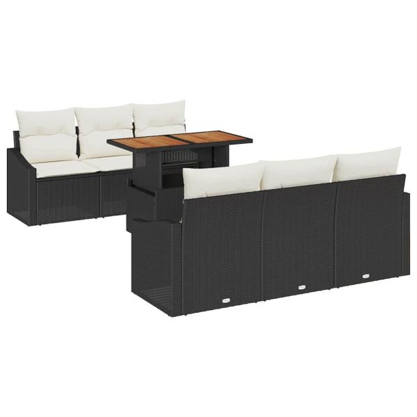 7-teiliges Garten Esstisch Set mit Kissen Schwarz Poly Rattan Akazie