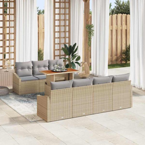 ARDEBO.de - 8-teiliges Garten-Essset mit Kissen Beige Poly-Rattan Akazie