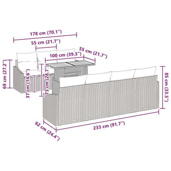 8-teiliges Garten-Essset mit Kissen Beige Poly-Rattan Akazie
