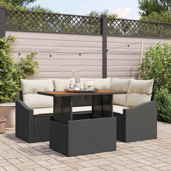 ARDEBO.de - 5-teiliges Garten-Dining-Set mit Kissen Schwarz Poly-Rattan Akazie