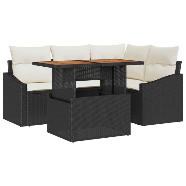 5-teiliges Garten-Dining-Set mit Kissen Schwarz Poly-Rattan Akazie