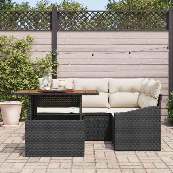 5-teiliges Garten-Dining-Set mit Kissen Schwarz Poly-Rattan Akazie