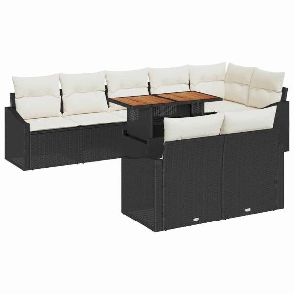 ARDEBO.de - 9 Teile Garten Esstisch Set mit Kissen Schwarz Poly Rattan Akazie
