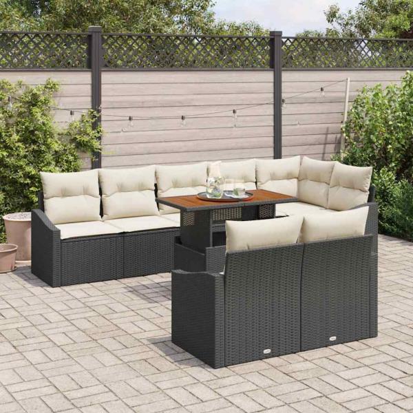 9 Teile Garten Esstisch Set mit Kissen Schwarz Poly Rattan Akazie