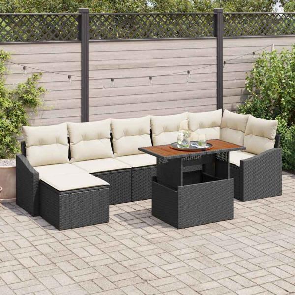 ARDEBO.de - 8-teiliges Garten Esszimmer Set mit Kissen Schwarz Poly Rattan Akazie