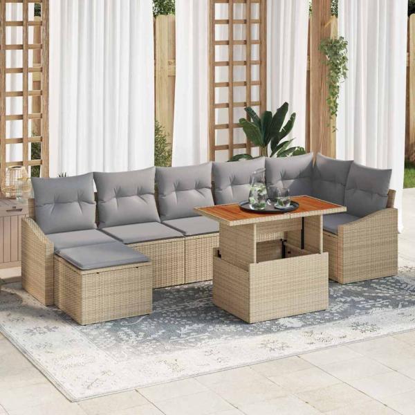 ARDEBO.de - 8-teiliges Garten Esszimmer Set mit Kissen Beige Poly Rattan Akazie