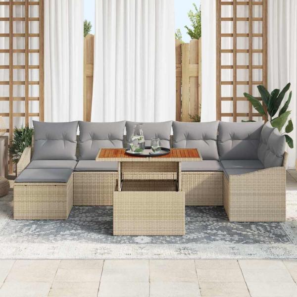 8-teiliges Garten Esszimmer Set mit Kissen Beige Poly Rattan Akazie