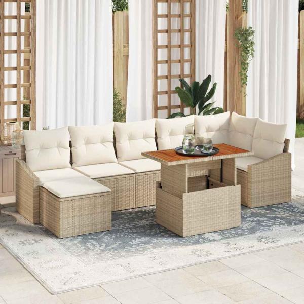 ARDEBO.de - 8-teilige Garten-Essgruppe mit Kissen Beige Poly Rattan Akazie
