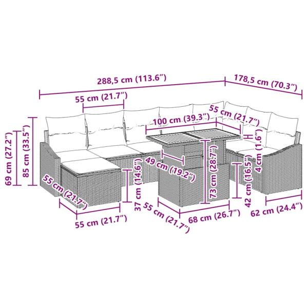 9-teiliges Garten Esszimmer Set mit Kissen Grau Poly Rattan Akazie