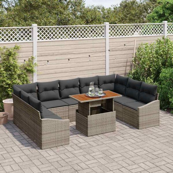 10-teiliges Garten Esstisch Set mit Kissen Grau Poly Rattan Akazie