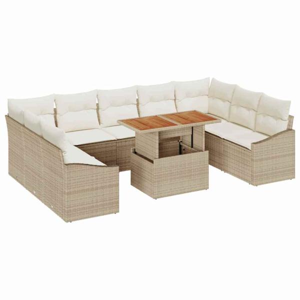 10-teiliges Garten Essset mit Kissen Beige Poly-Rattan Akazie