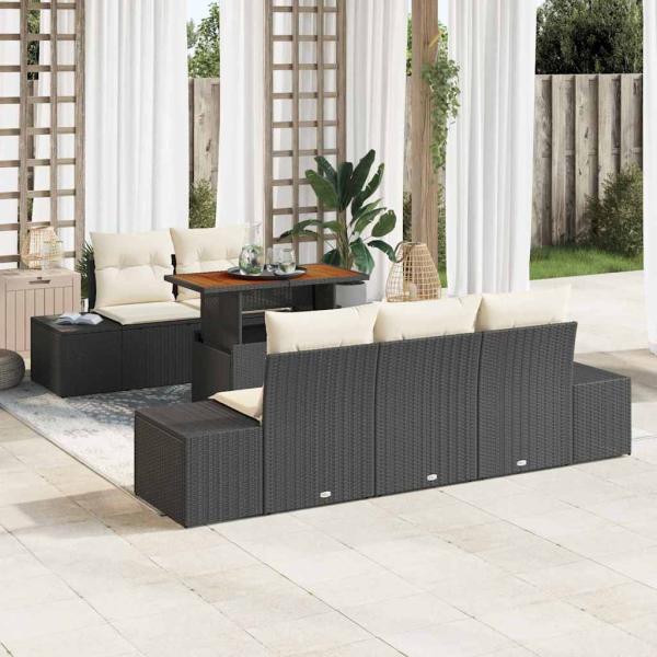 ARDEBO.de - 6-Teiliges Garten Esszimmer Set mit Kissen Schwarz Poly Rattan Akazie