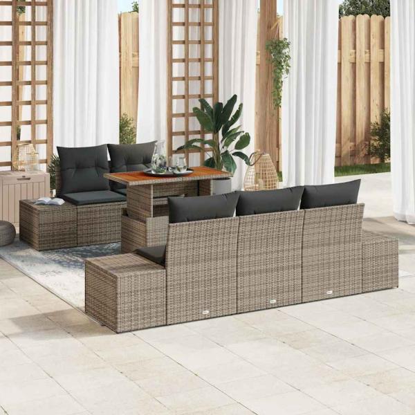 ARDEBO.de - 6-teiliges Garten Essset mit Kissen Grau Poly Rattan Akazie