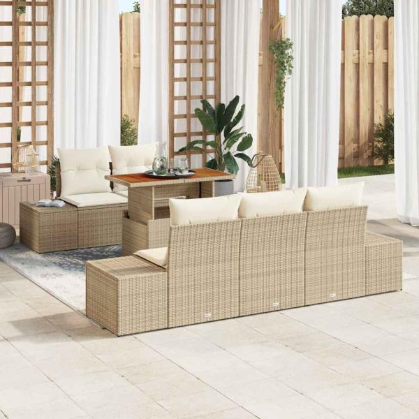 ARDEBO.de - 6-teiliges Garten Essset mit Kissen Beige Poly Rattan Akazie