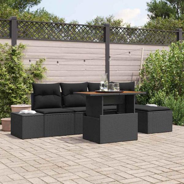 ARDEBO.de - 6-teilige Garten-Dining-Set mit Kissen Schwarz Poly-Rattan Akazie