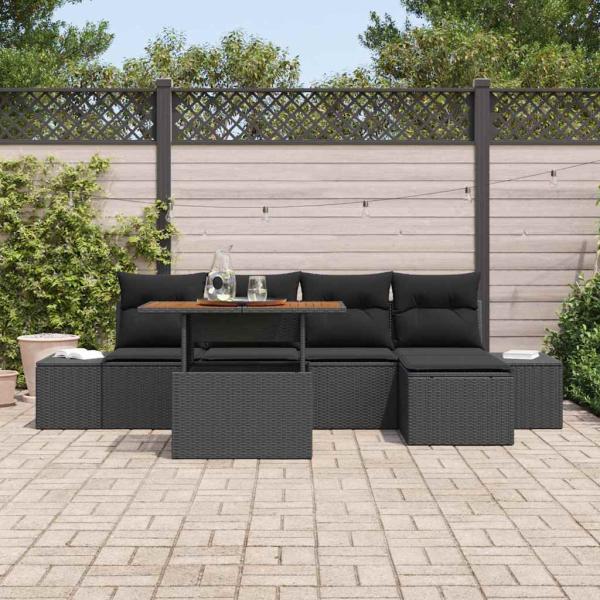 6-teilige Garten-Dining-Set mit Kissen Schwarz Poly-Rattan Akazie