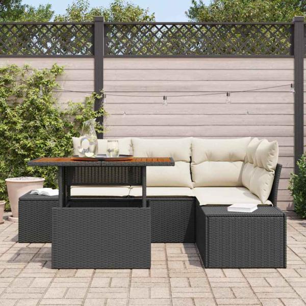 5-teiliges Garten-Essset mit Kissen Schwarz Poly-Rattan Akazie