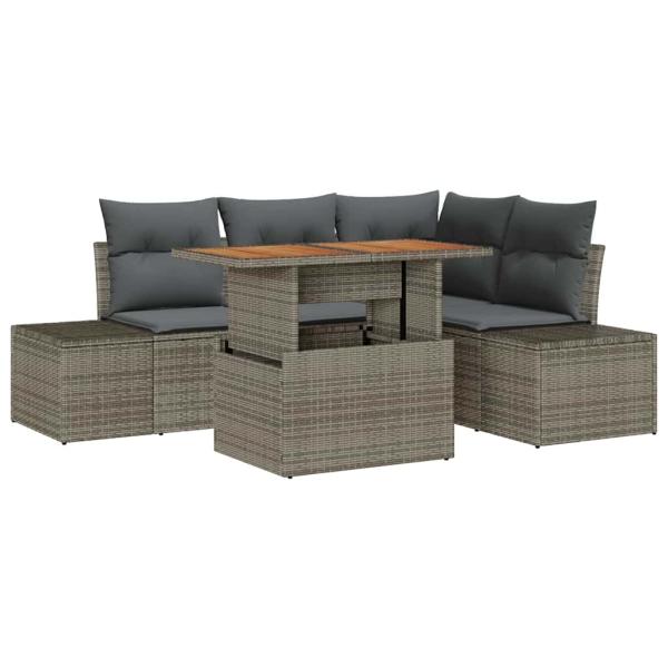 5-teiliges Garten-Ess-Set mit Kissen Grau Poly Rattan Akazie