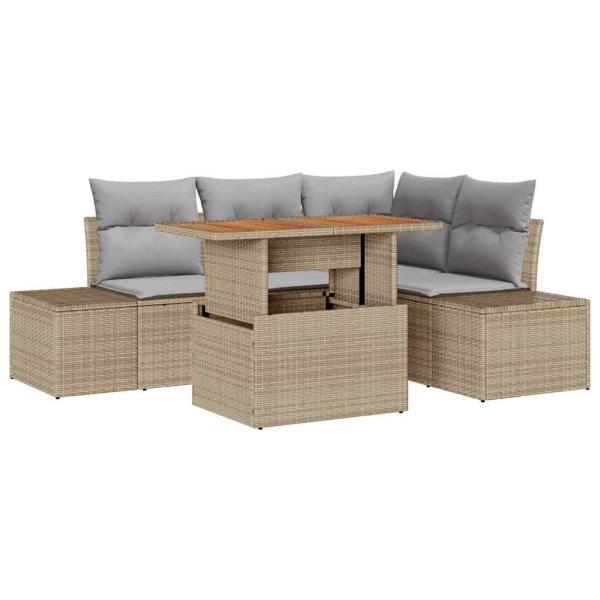 5-teilige Garten-Essgruppe mit Kissen ? Beige Poly Rattan Akazie