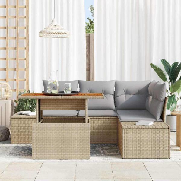 5-teilige Garten-Essgruppe mit Kissen ? Beige Poly Rattan Akazie