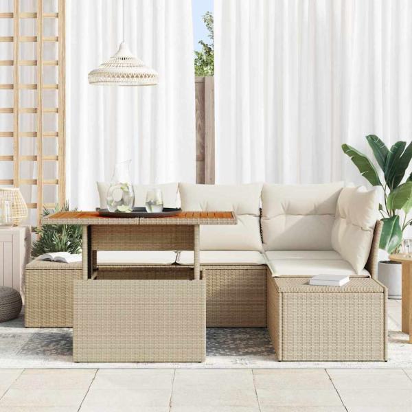 5-teiliges Garten Esszimmer Set mit Kissen Beige Poly Rattan Akazie