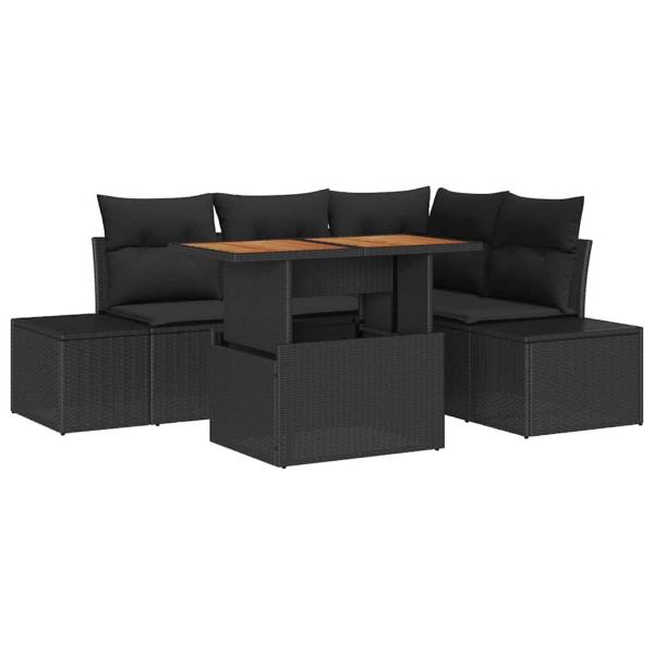 5-teiliges Garten-Ess-Set mit Kissen Schwarz Poly-Rattan Akazie