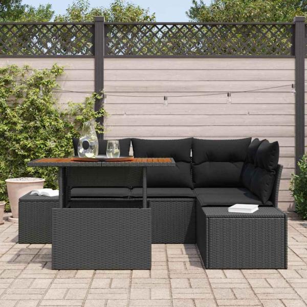 5-teiliges Garten-Ess-Set mit Kissen Schwarz Poly-Rattan Akazie