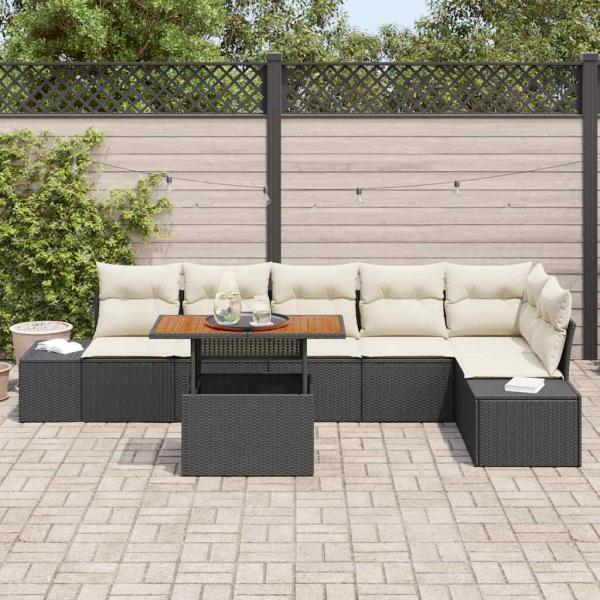 7-teiliges Garten-Esszimmer Set mit Kissen Schwarz Poly-Rattan Akazie