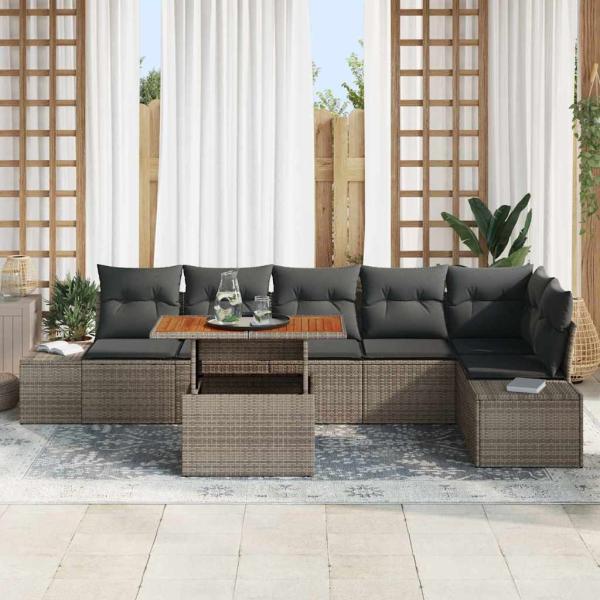 7-teiliges Garten Essset mit Kissen Grau Poly Rattan Akazie