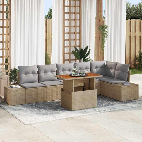 ARDEBO.de - 7 Teile Garten-Essgruppe mit Kissen Beige Poly-Rattan Akazie