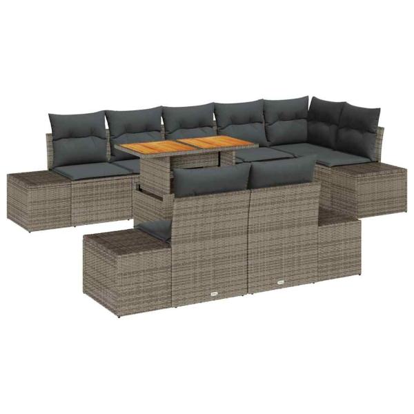 9-teiliges Garten Esstischset mit Kissen Grau Poly Rattan Akazie