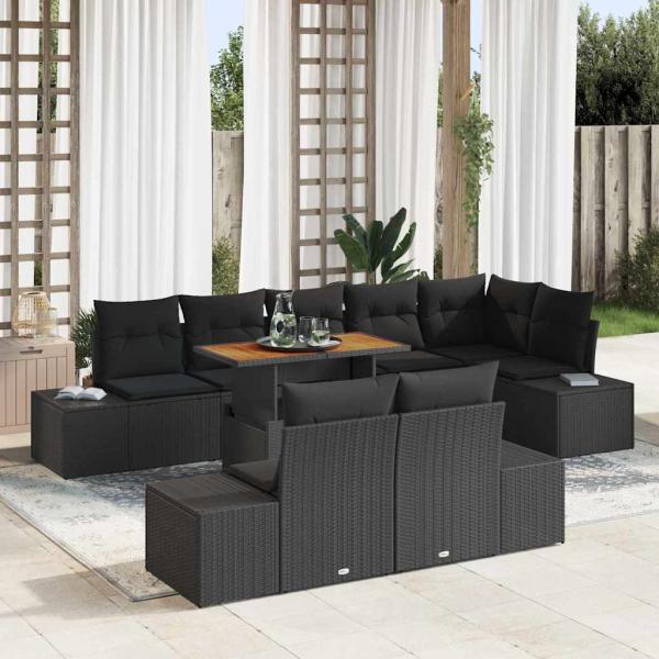 ARDEBO.de - 9-teiliges Garten Esstisch Set mit Kissen Schwarz Poly Rattan Akazie