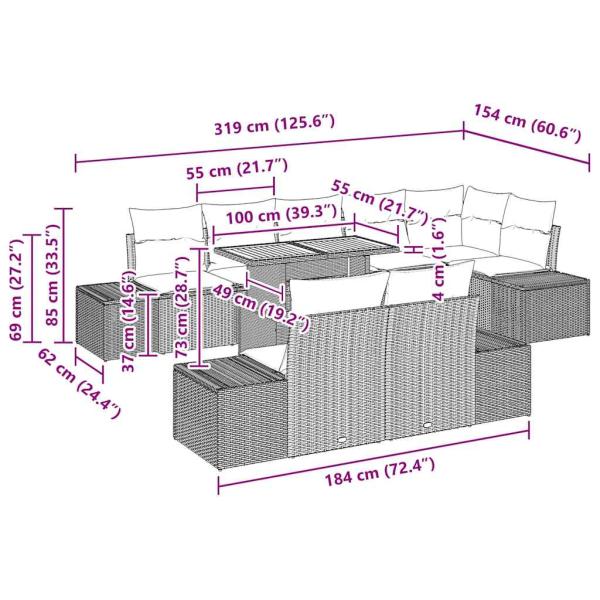 9-teiliges Garten Esstisch Set mit Kissen Schwarz Poly Rattan Akazie