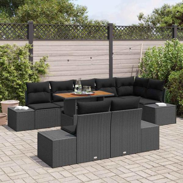 9-teiliges Garten Esstisch Set mit Kissen Schwarz Poly Rattan Akazie
