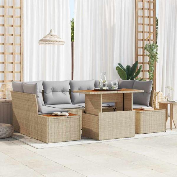ARDEBO.de - 7-teiliges Garten Dining Set mit Kissen Beige Poly Rattan Akazie