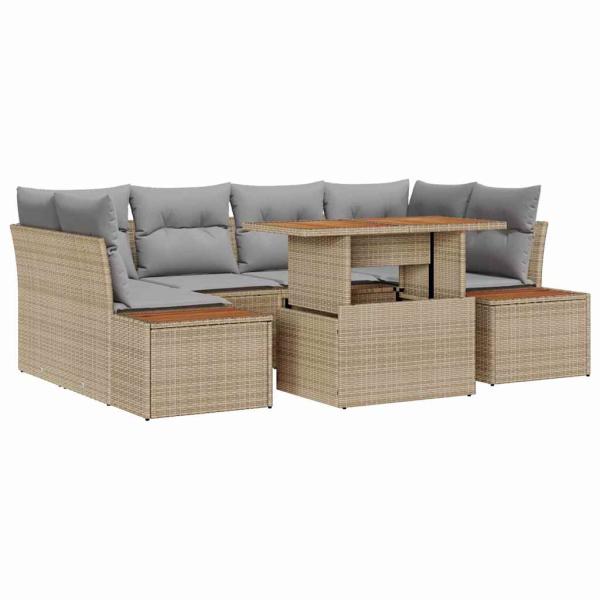 7-teiliges Garten Dining Set mit Kissen Beige Poly Rattan Akazie