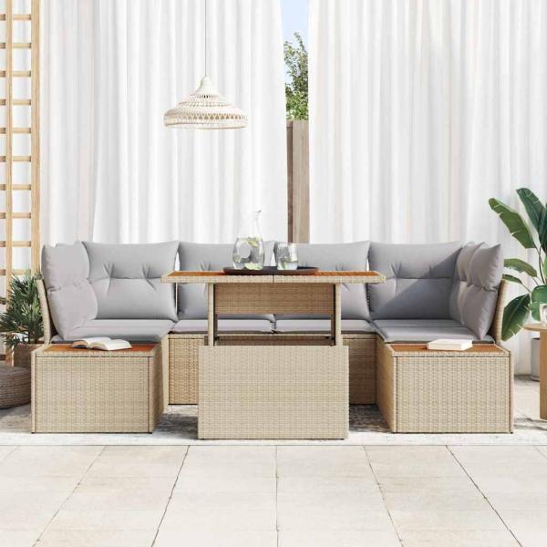 7-teiliges Garten Dining Set mit Kissen Beige Poly Rattan Akazie