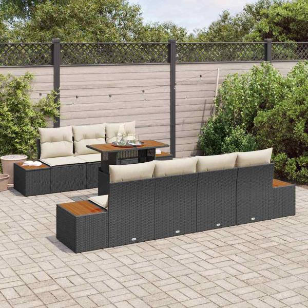 8-teiliges Garten-Esszimmer-Set mit Kissen Schwarz Poly-Rattan Akazie