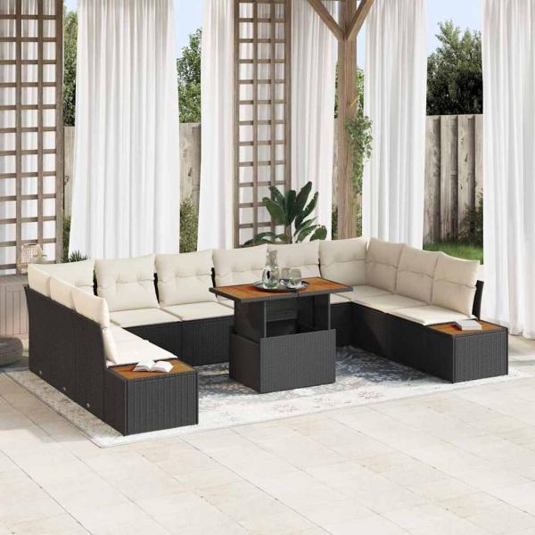 ARDEBO.de - 11-teiliges Garten-Essgruppen-Set mit Kissen Schwarz Poly-Rattan Akazie