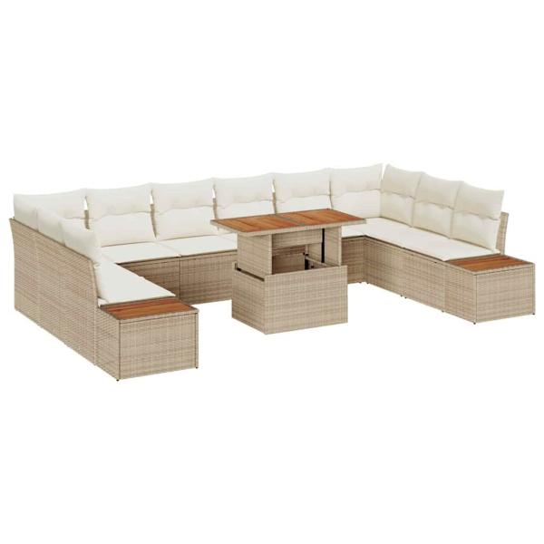 11-teilige Garten-Essgruppe mit Kissen Beige Poly-Rattan Akazie