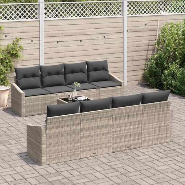 7-teiliges Garten-Sofa-Set mit Kissen Hellgrau Poly-Rattan