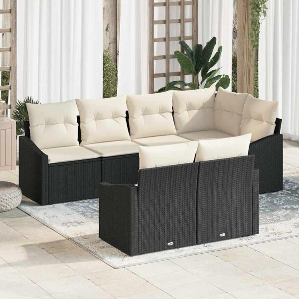 ARDEBO.de - 7-teiliges Garten Esstisch Set mit Kissen Schwarz Poly Rattan